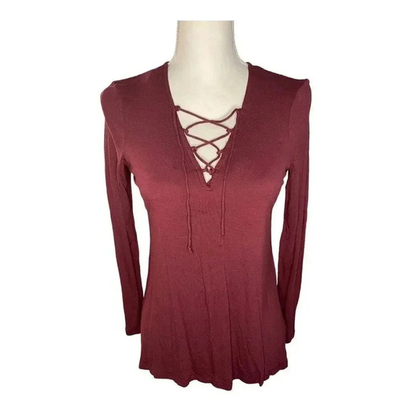 OLD NAVY MAROON LONG SLEEVE LACE UP‎ NECK SIZE EXTRA SMALL - Picture 1 of 5